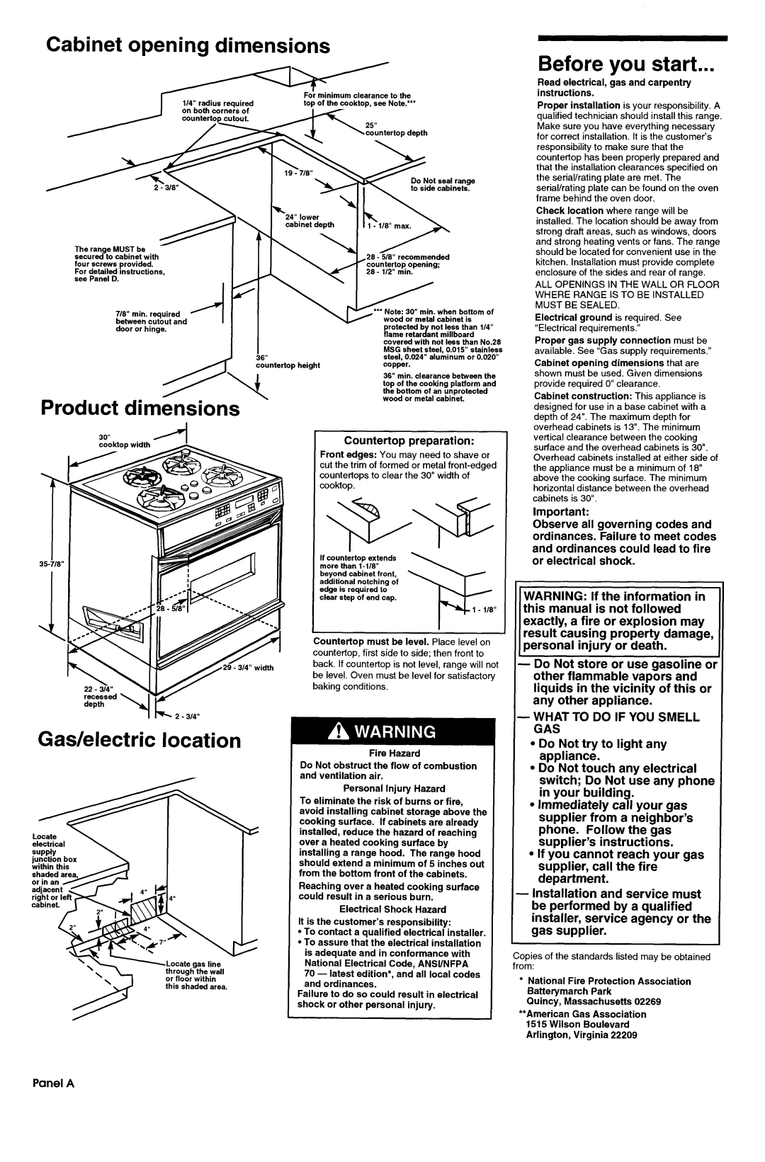KitchenAid 3186508 Cabinet opening dimensions, Before you start, Product dimensions, Gas/electric location, Panel A 