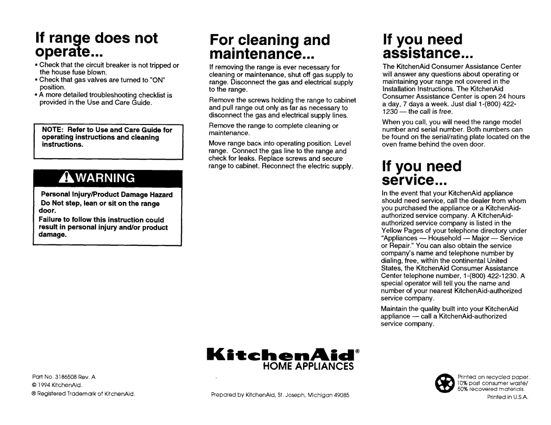 KitchenAid 3186508 If range does not operate, For cleaning and maintenance, If you need assistance, If you need service 