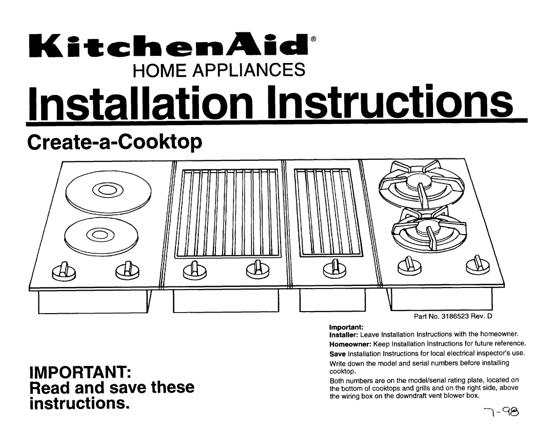 KitchenAid 3186523 installation instructions Create-a-Cooktop, Read and save these instructions 