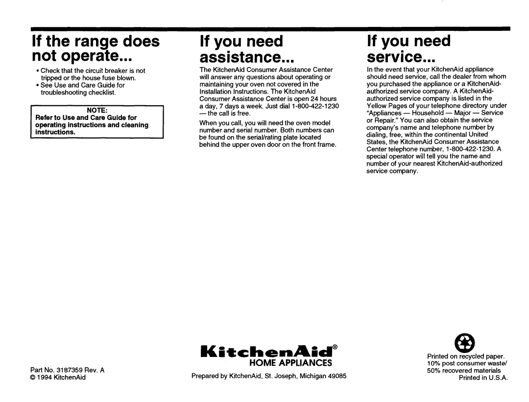 KitchenAid 3187359 installation instructions If the range does Not operate, If you need Assistance, If you need Service 