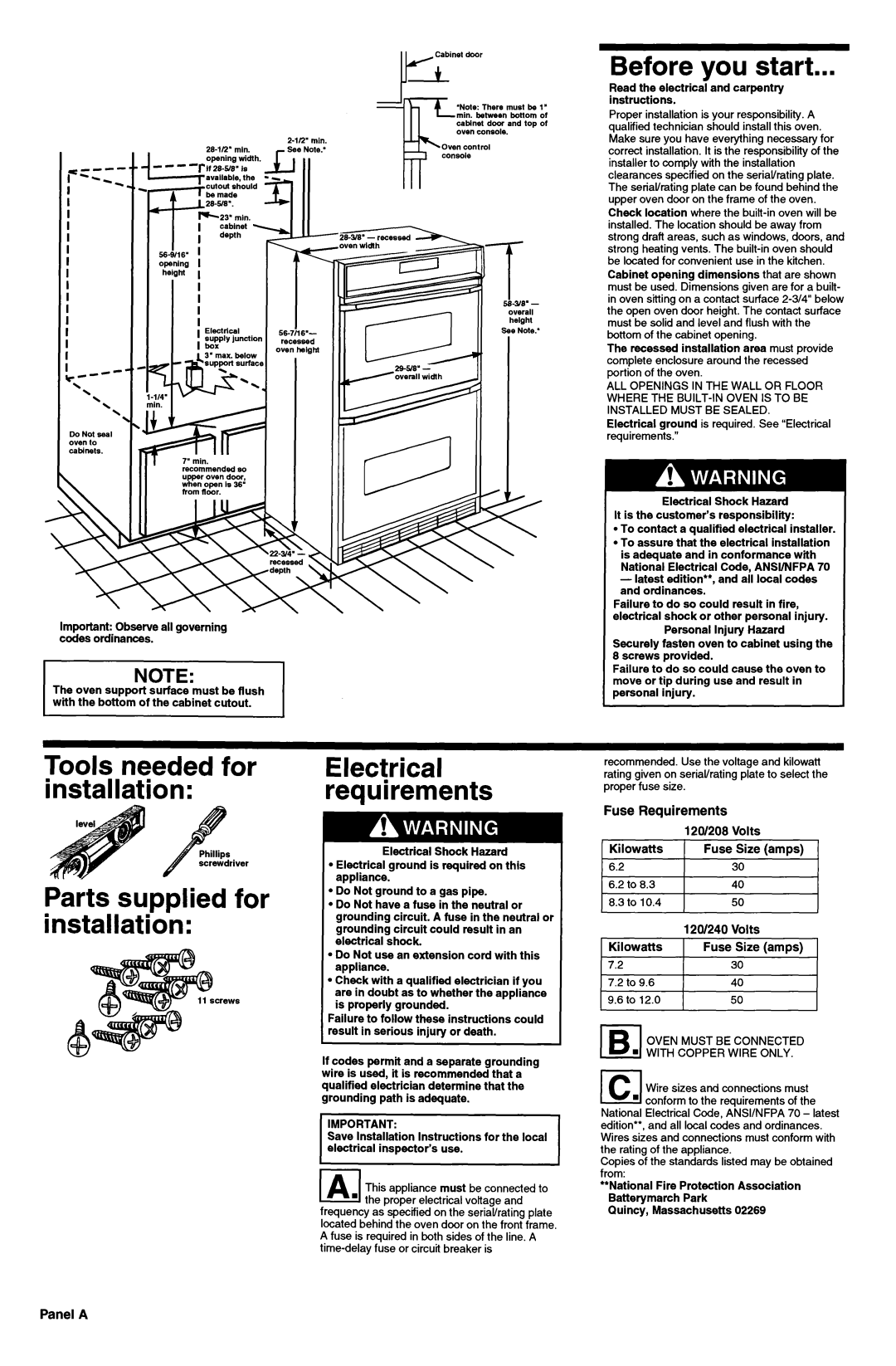 KitchenAid 3187359 Before you start, Tools needed for installation Parts supplied for installation, 5dn6’, Panel A, Volts 