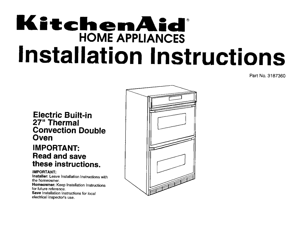 KitchenAid 3187360 installation instructions Installation Instructions 