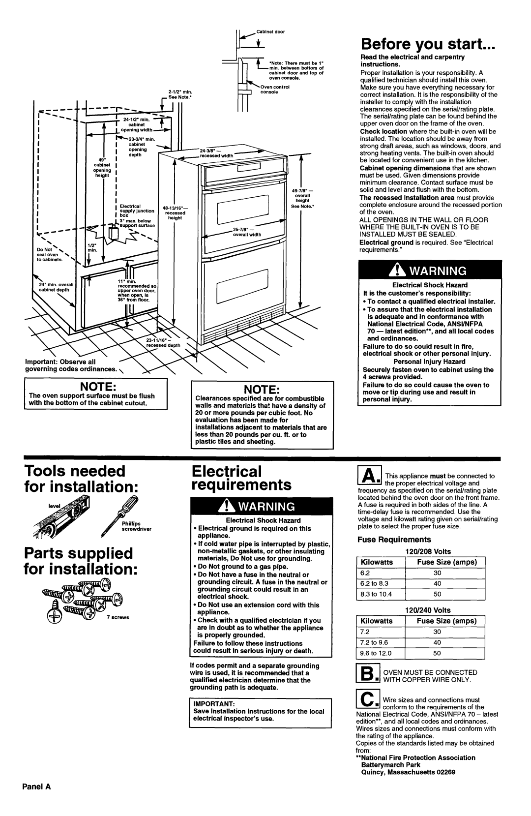 KitchenAid 3187360 installation instructions Fuse Requirements, Panel a 