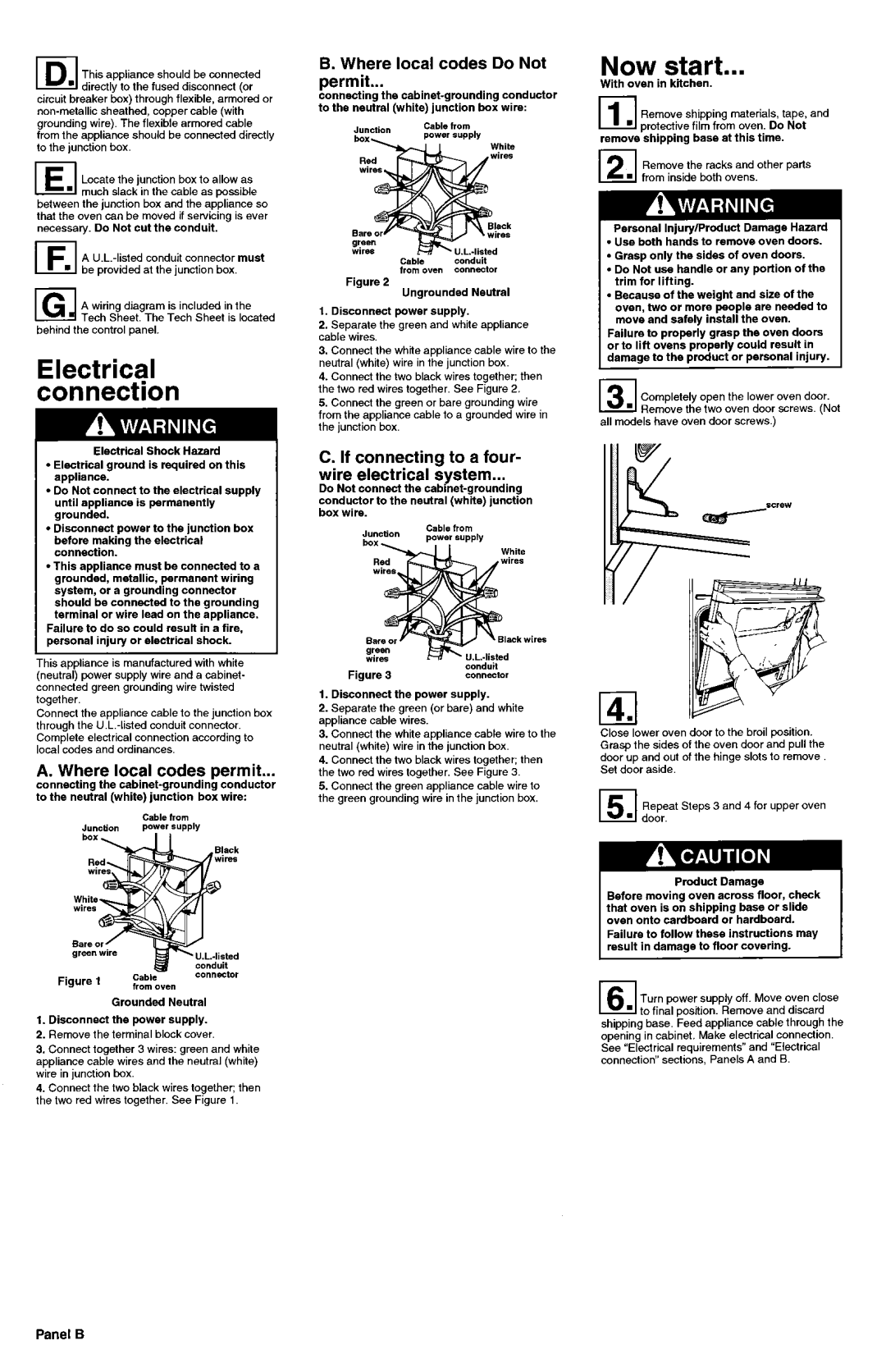 KitchenAid 3187360 installation instructions Now Start, Electrical connection, Panel B 