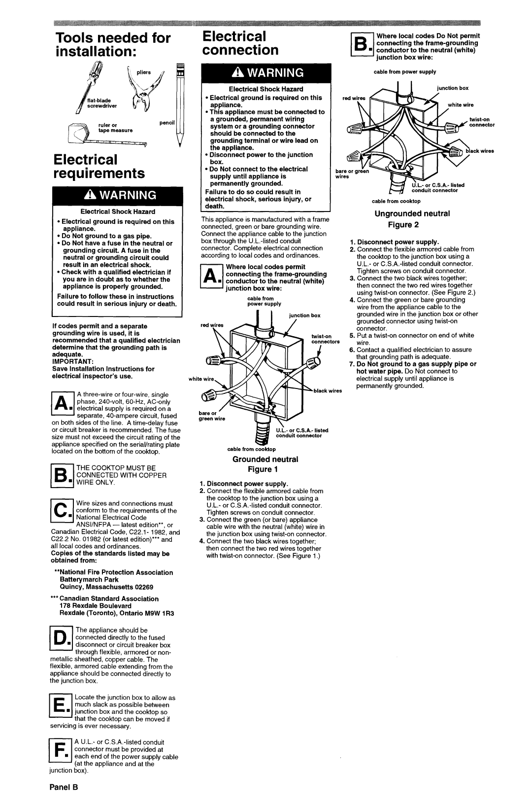 KitchenAid 3188086 installation instructions Tools needed for installation, Grounded neutral, Ungrounded neutral, Panel B 