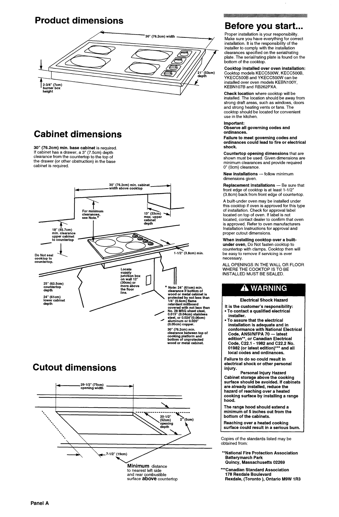 KitchenAid 3188086 Product dimensions, Cabinet dimensions, Before you start, Cutout dimensions, Minimum distance, Panel A 