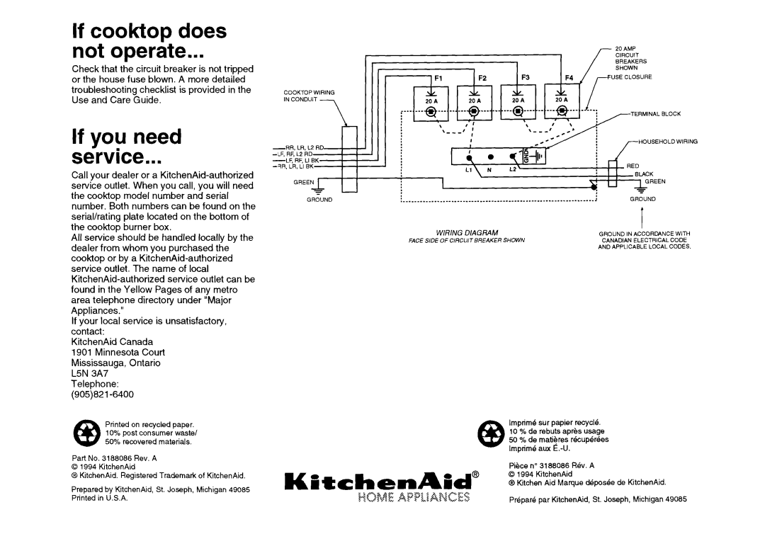 KitchenAid 3188086 installation instructions If cooktop does not operate, If youI need service, Kt+chenAid” 