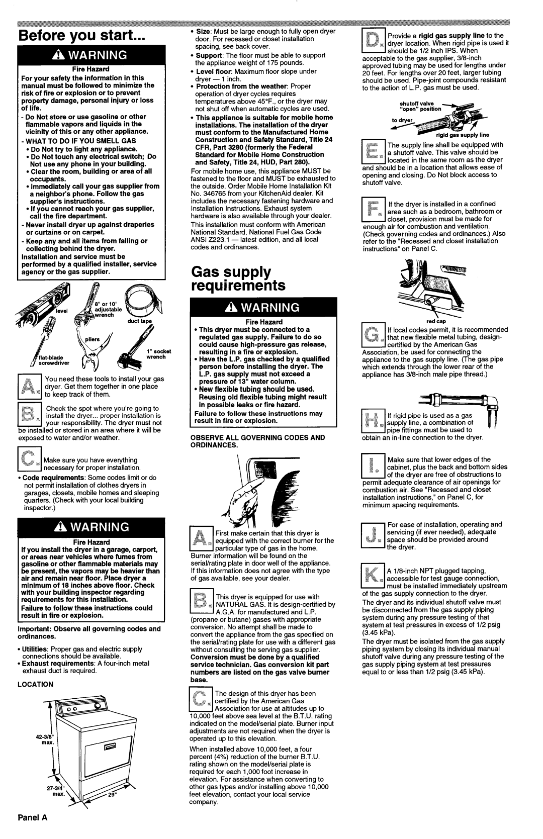 KitchenAid 3395306 $$$s, Before you start, Gas supply requirements, New flexible tubing should be used 