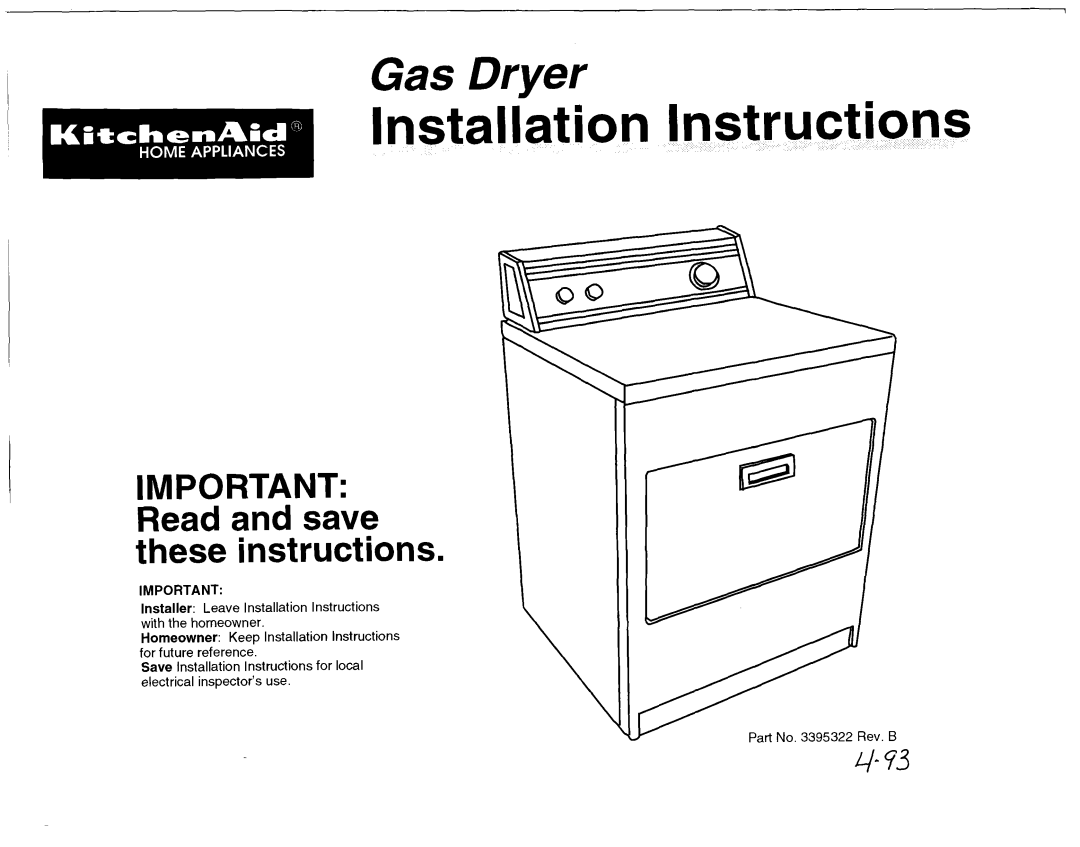 KitchenAid 3395322 installation instructions Installation Instructions 