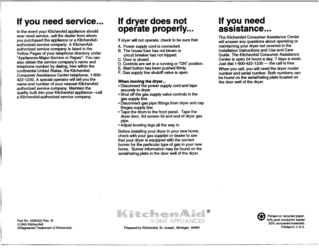 KitchenAid 3395322 installation instructions If you need service 