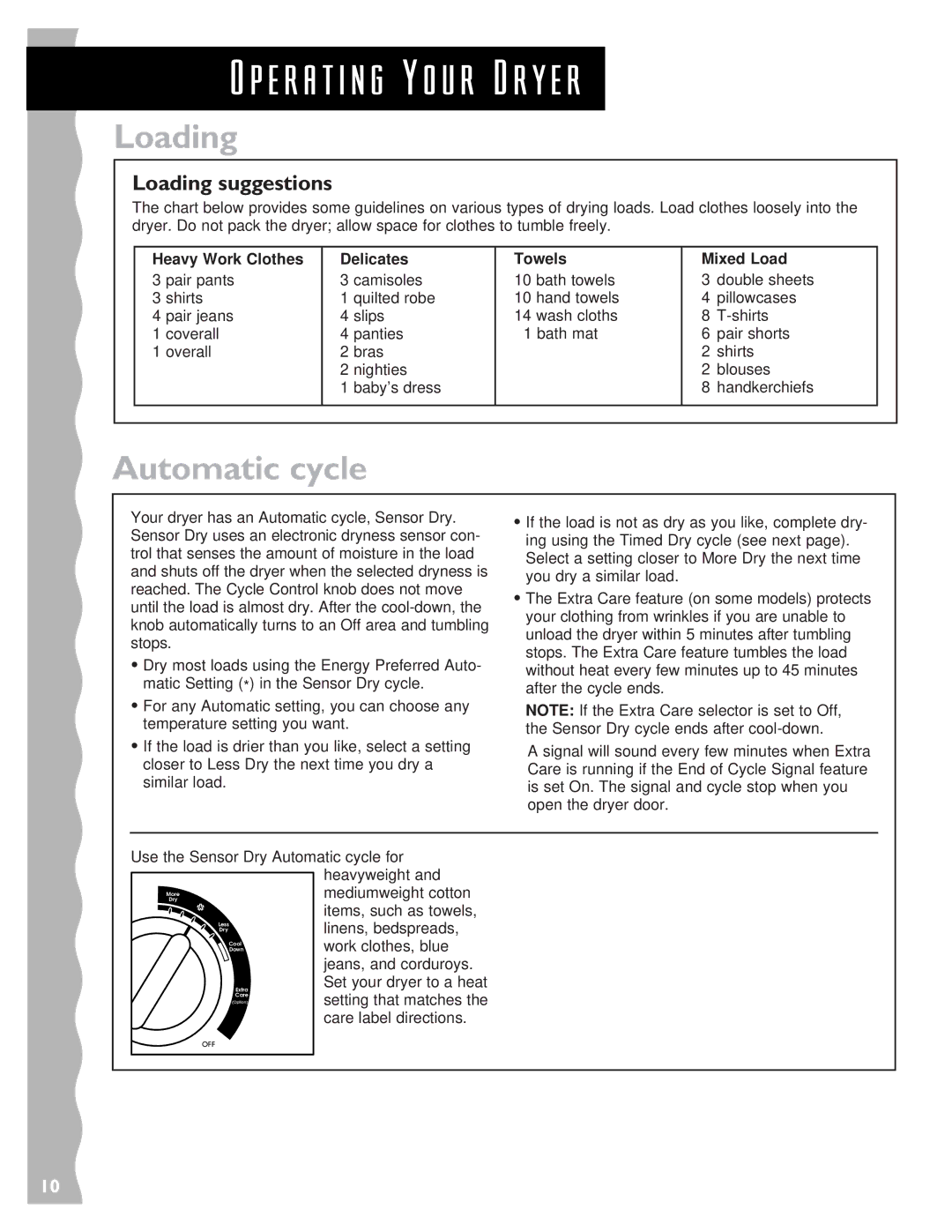 KitchenAid 3405633 warranty E r a t i n g Y o u r D r y e r, Automatic cycle, Loading suggestions 