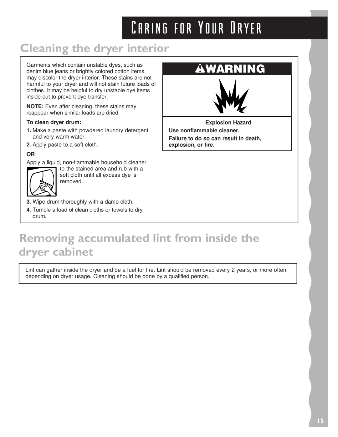 KitchenAid 3405633 warranty Cleaning the dryer interior, Removing accumulated lint from inside the dryer cabinet 