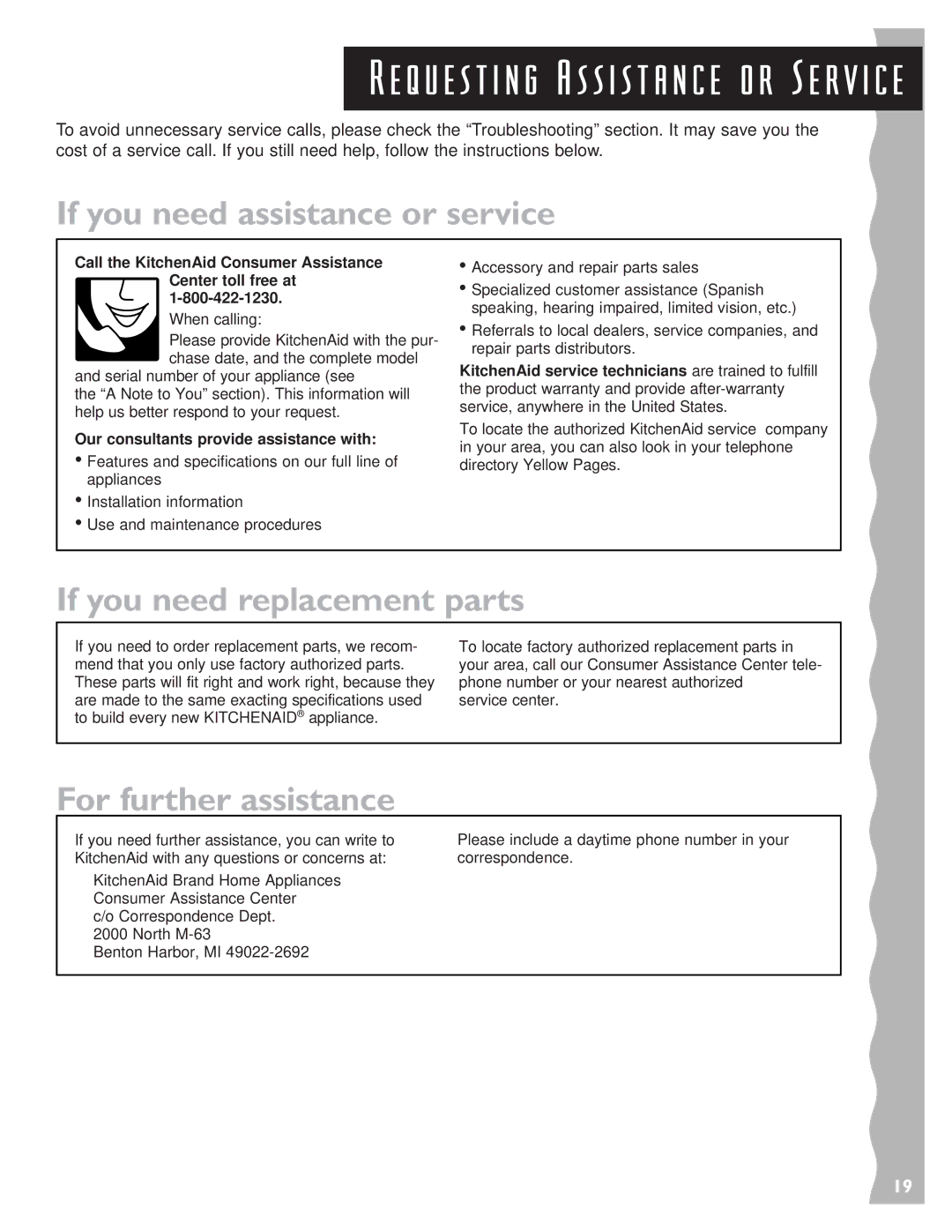 KitchenAid 3405633 warranty If you need assistance or service, If you need replacement parts, For further assistance 