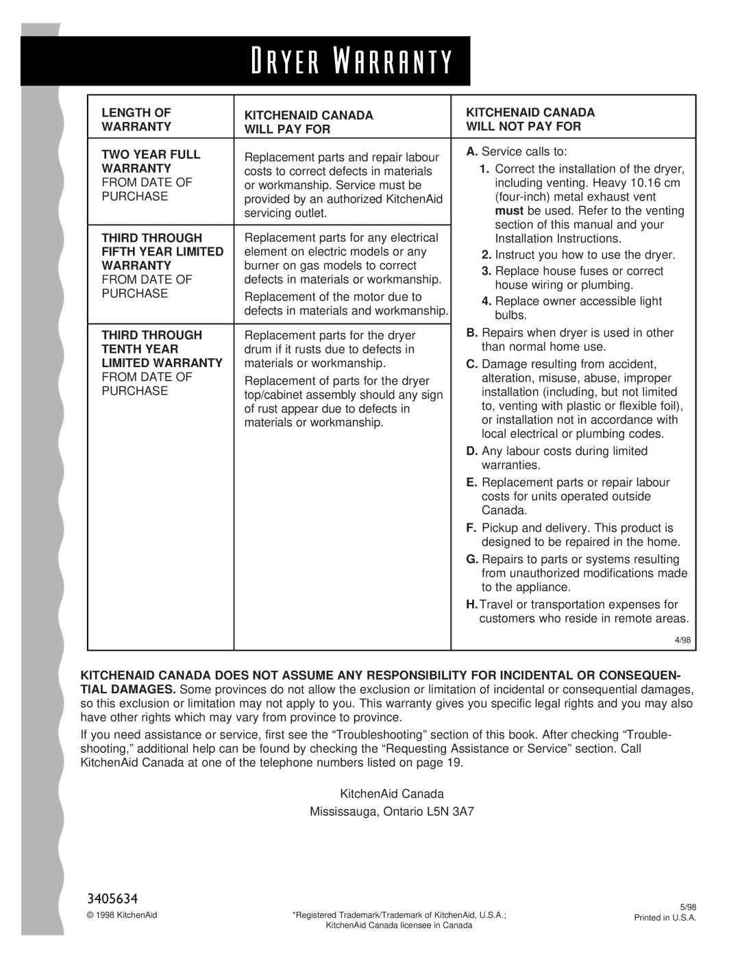 KitchenAid 3405634 warranty Third Through, Fifth Year Limited, Tenth Year, Limited Warranty 