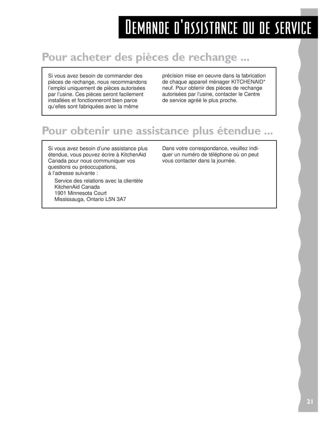 KitchenAid 3405634 warranty Pour acheter des pièces de rechange, Pour obtenir une assistance plus étendue 