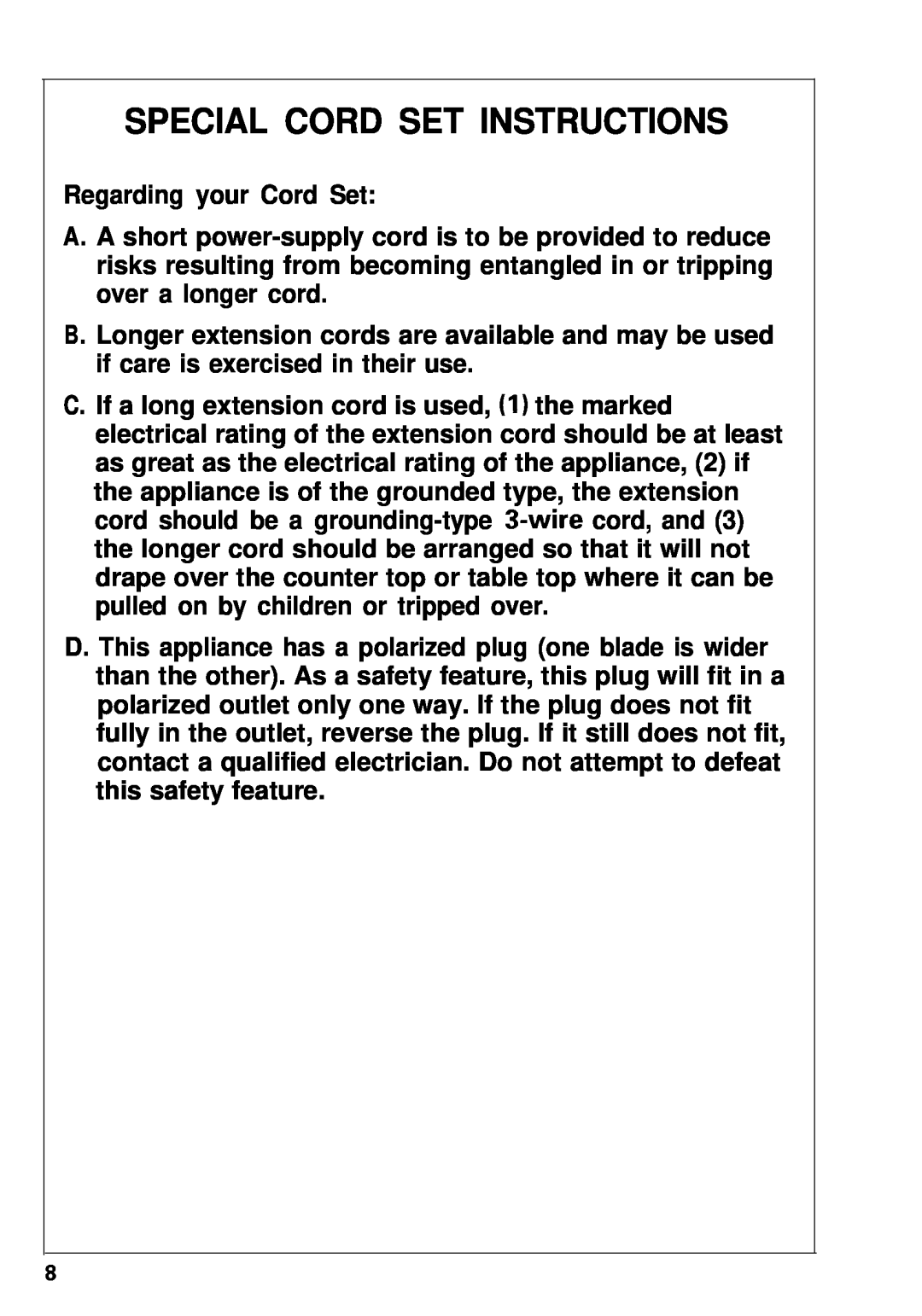 KitchenAid 358 manual Special Cord Set Instructions 