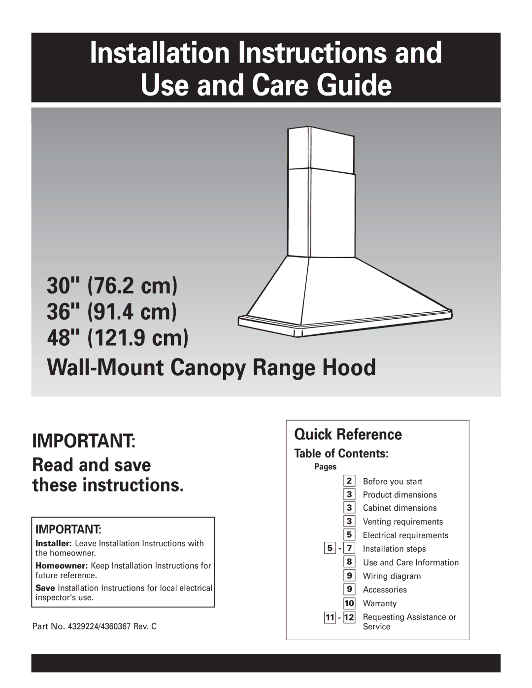 KitchenAid 30, 36, 48 installation instructions Installation Instructions Use and Care Guide 