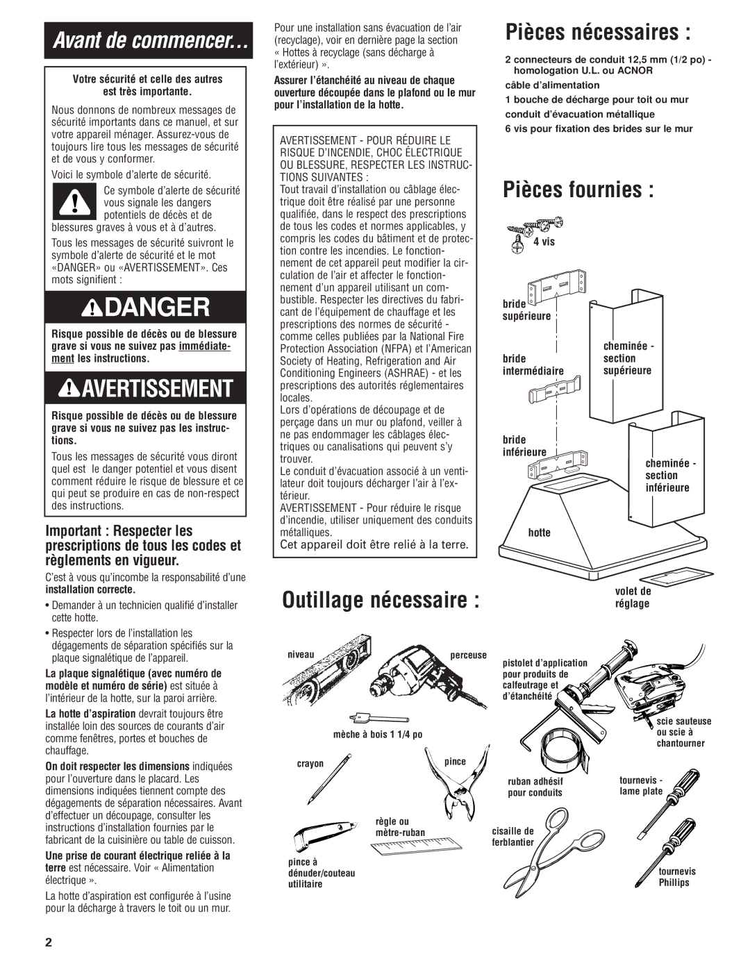 KitchenAid 48, 36, 30 installation instructions Pièces nécessaires, Pièces fournies 