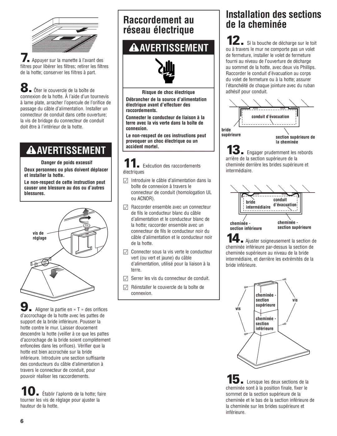 KitchenAid 36, 30, 48 Bride Supérieuresection supérieure de la cheminée, Bride Conduit, Cheminée Section inférieure 