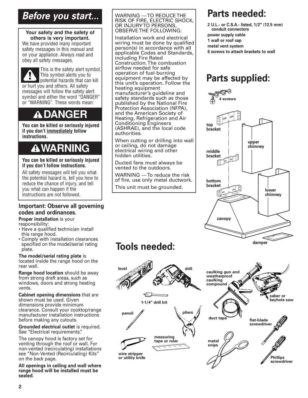 KitchenAid 48, 36, 30 installation instructions Tools needed, Parts needed, Parts supplied 