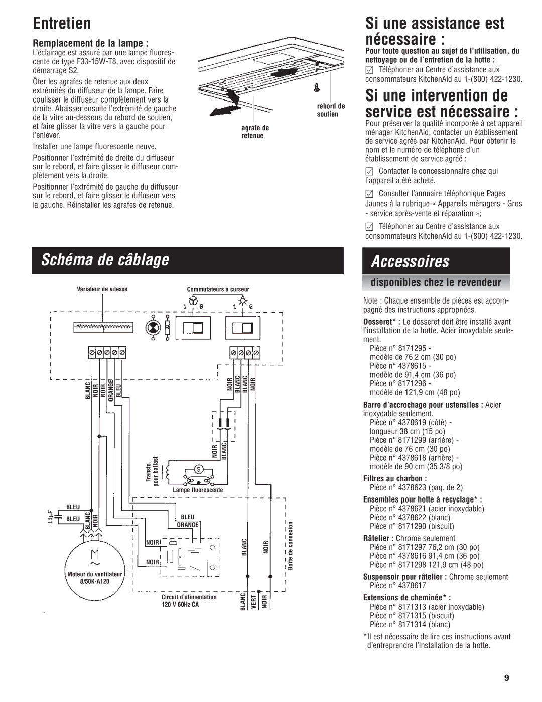 KitchenAid 36, 30, 48 installation instructions Entretien, Schéma de câblage, Si une assistance est nécessaire, Accessoires 