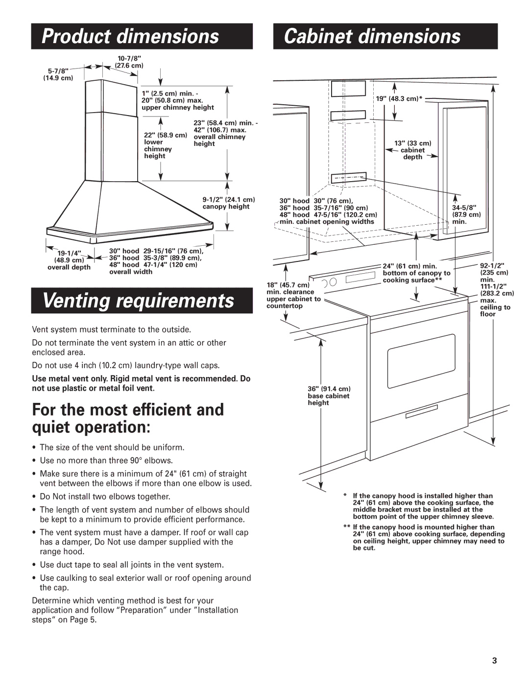 KitchenAid 36, 30 Product dimensions Cabinet dimensions, Venting requirements, For the most efficient and quiet operation 