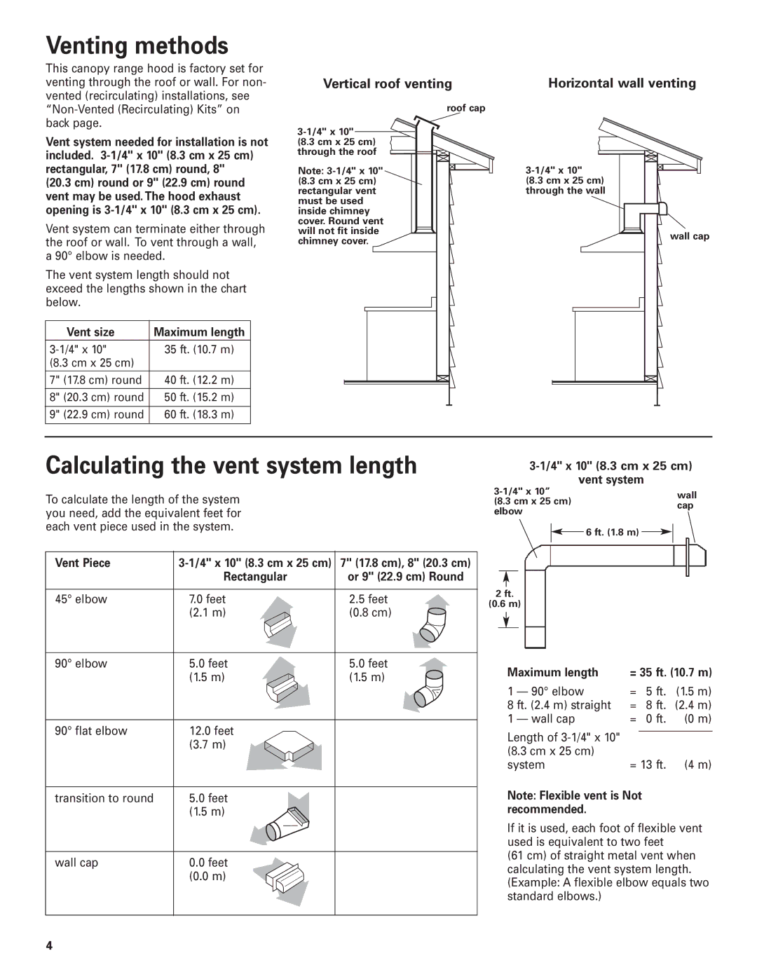 KitchenAid 30, 36, 48 installation instructions Venting methods, Calculating the vent system length 