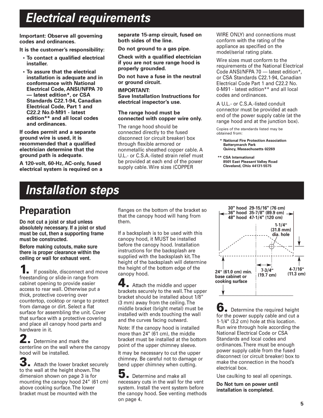 KitchenAid 48, 36, 30 installation instructions Electrical requirements, Installation steps, Preparation 