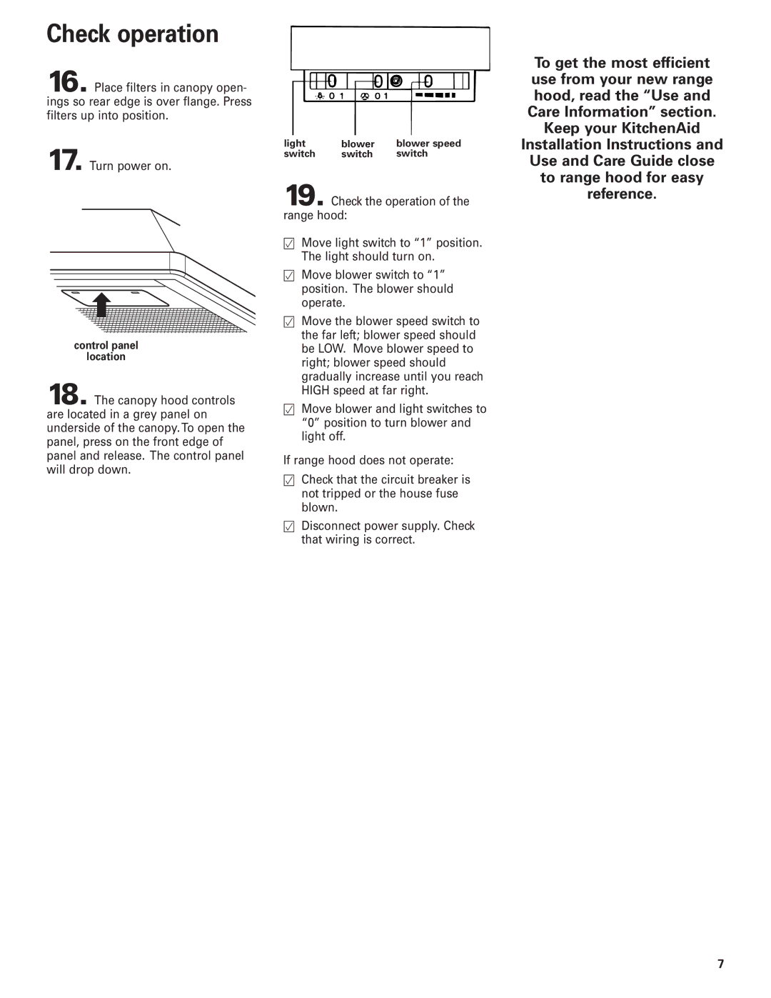 KitchenAid 30, 36, 48 installation instructions Check operation 