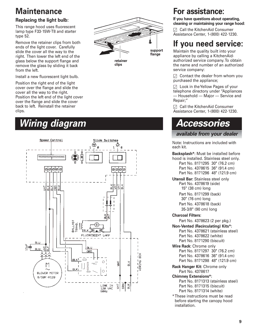 KitchenAid 36, 30, 48 installation instructions Wiring diagram, Accessories, Maintenance, For assistance, If you need service 