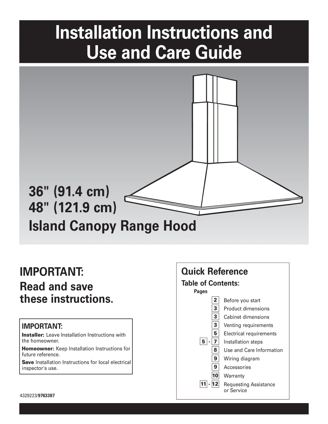 KitchenAid 36 (91.4 cm) 48 (121.9 cm) Island Canopy Range Hood installation instructions 