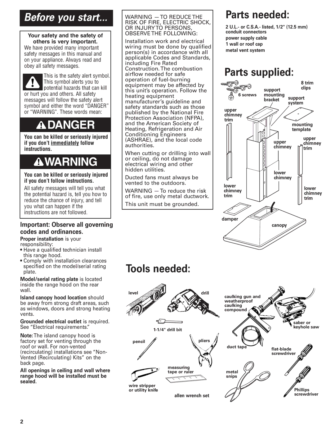 KitchenAid 36 (91.4 cm) 48 (121.9 cm) Island Canopy Range Hood Parts needed, Parts supplied, Tools needed 