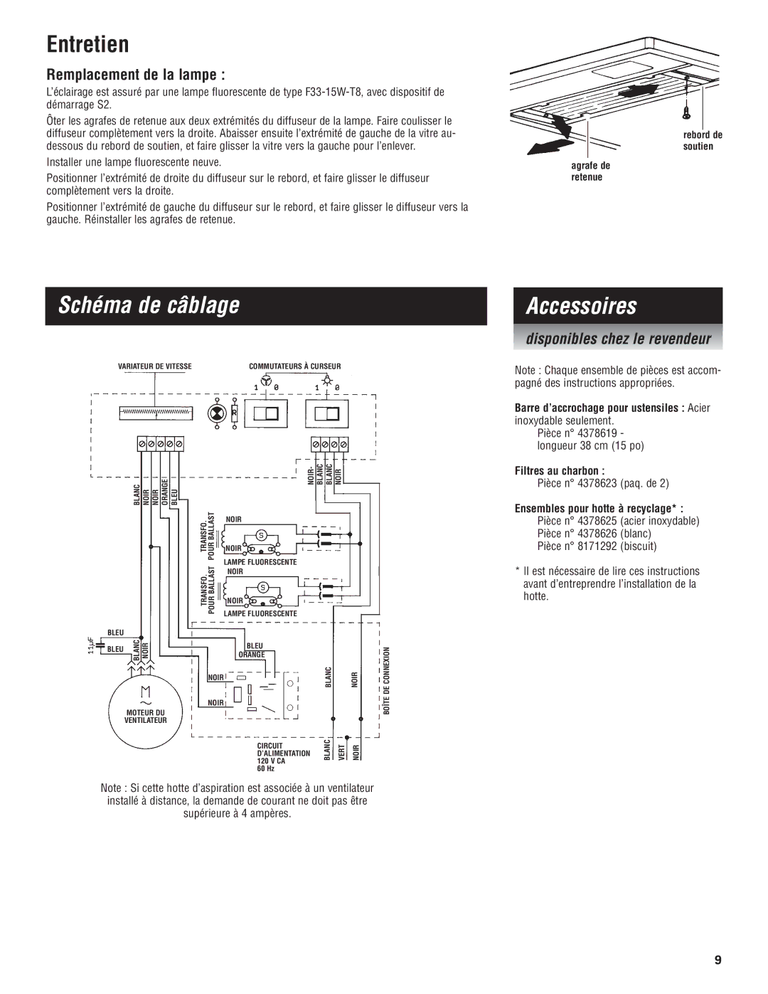 KitchenAid 36 (91.4 cm) 48 (121.9 cm) Island Canopy Range Hood Entretien, Schéma de câblage, Accessoires 