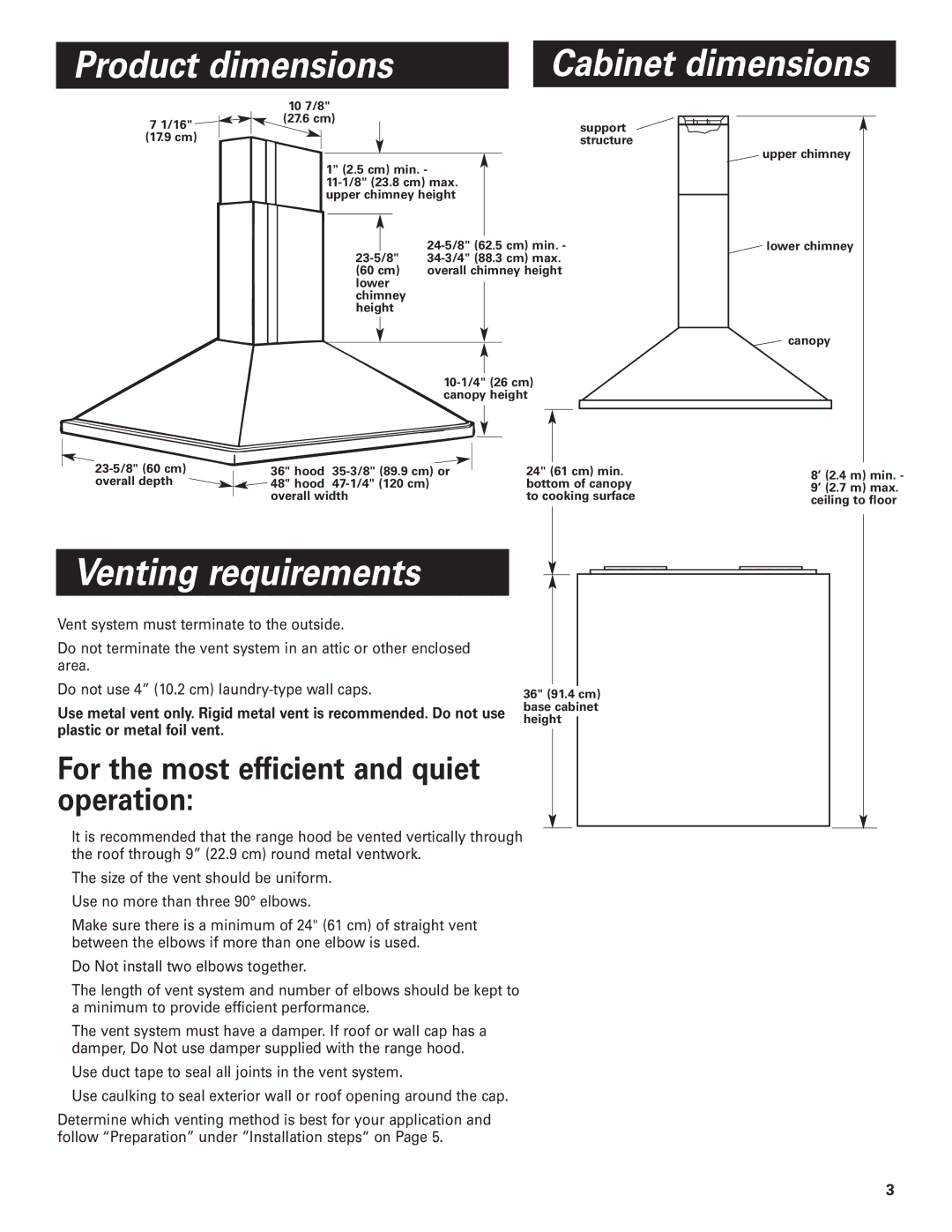 KitchenAid 36 (91.4 cm) 48 (121.9 cm) Island Canopy Range Hood Product dimensions, Venting requirements 