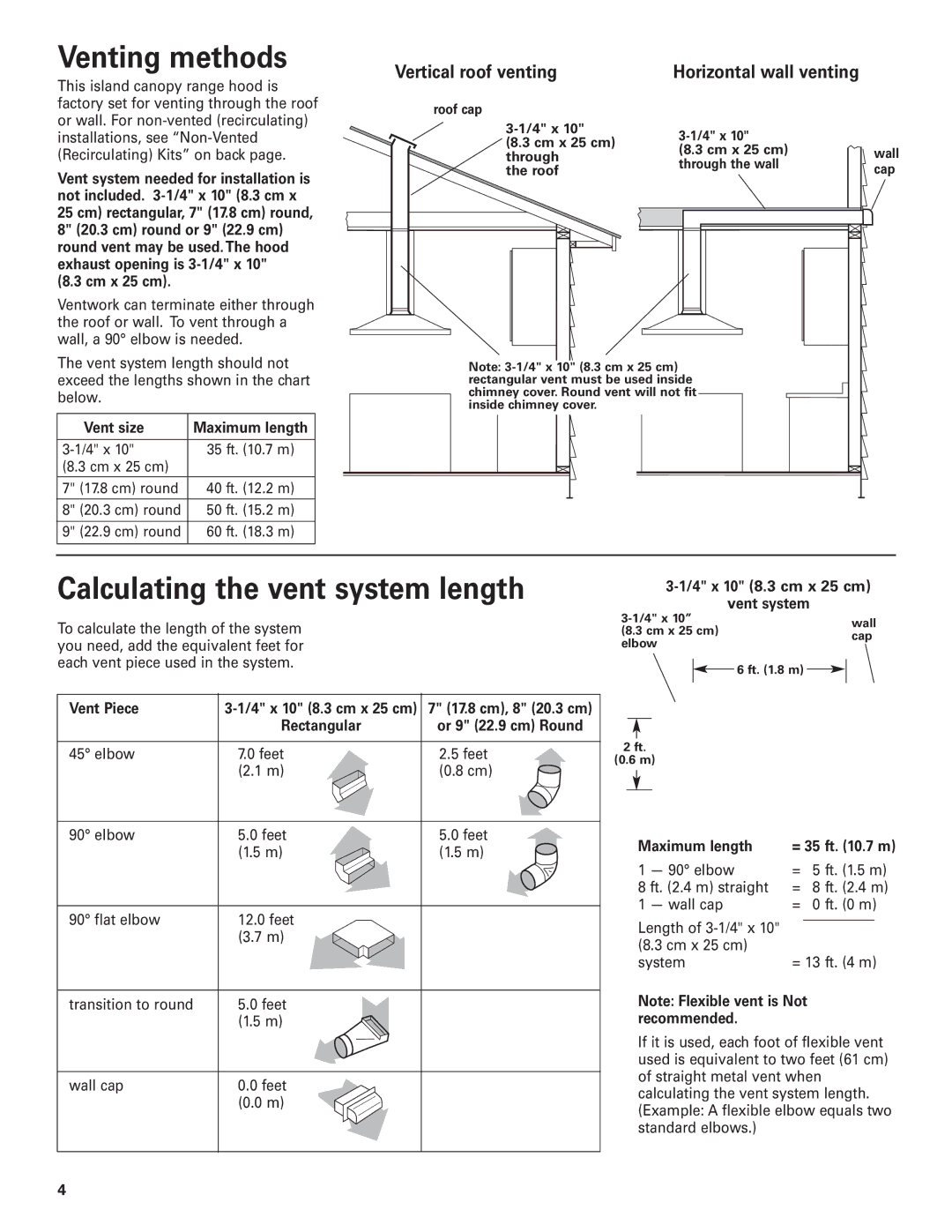 KitchenAid 36" (91.4 cm) 48" (121.9 cm) Island Canopy Range Hood Venting methods, Calculating the vent system length 