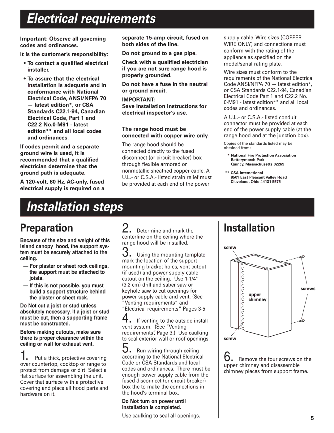 KitchenAid 36" (91.4 cm) 48" (121.9 cm) Island Canopy Range Hood Electrical requirements, Installation steps, Preparation 