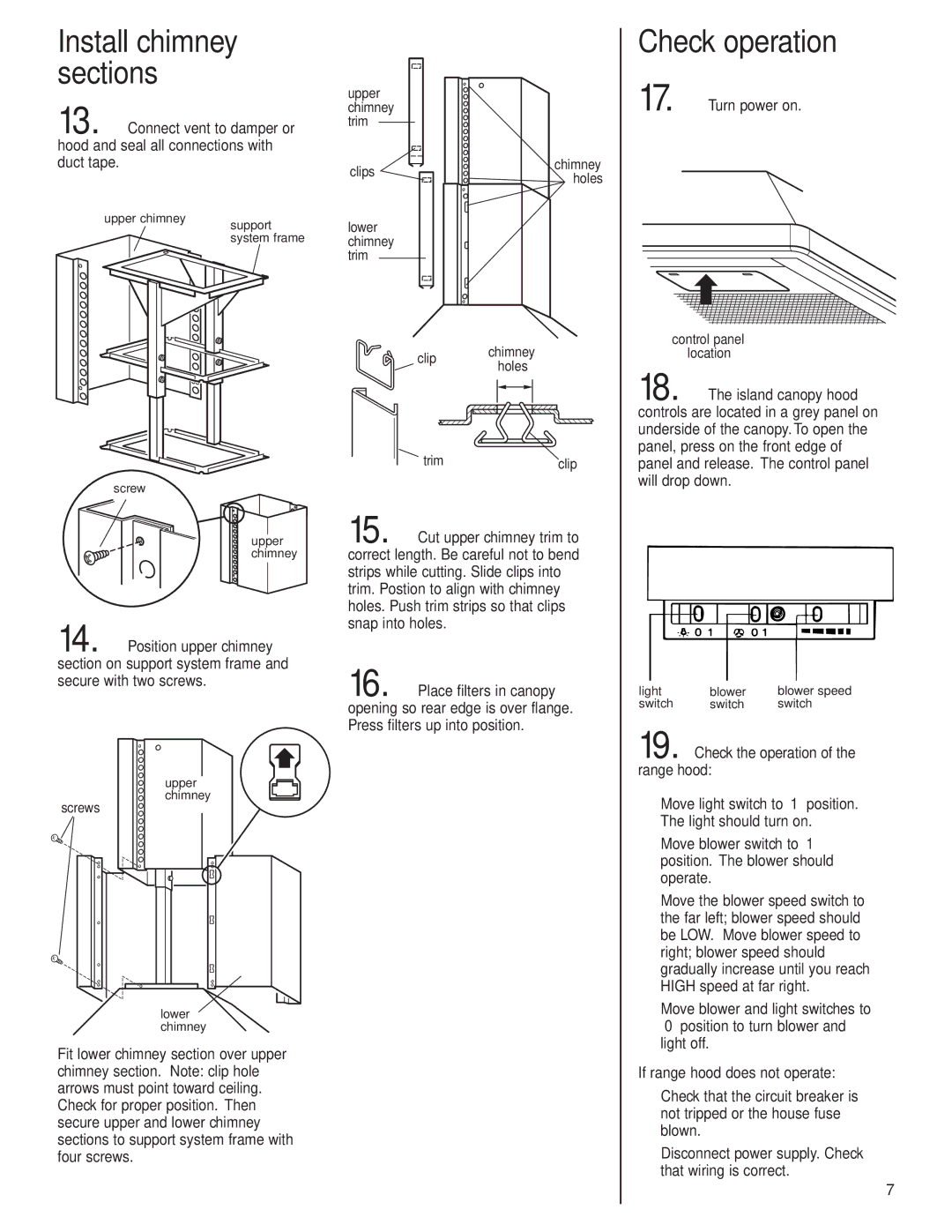 KitchenAid 36" (91.4 cm) 48" (121.9 cm) Island Canopy Range Hood Check operation, Install chimney sections 