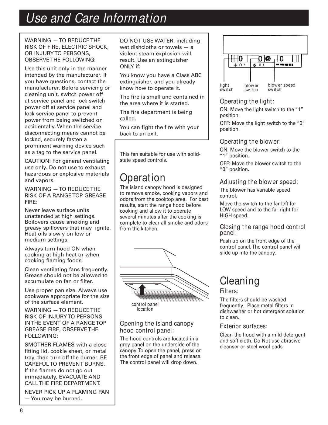 KitchenAid 36" (91.4 cm) 48" (121.9 cm) Island Canopy Range Hood Use and Care Information, Operation, Cleaning 