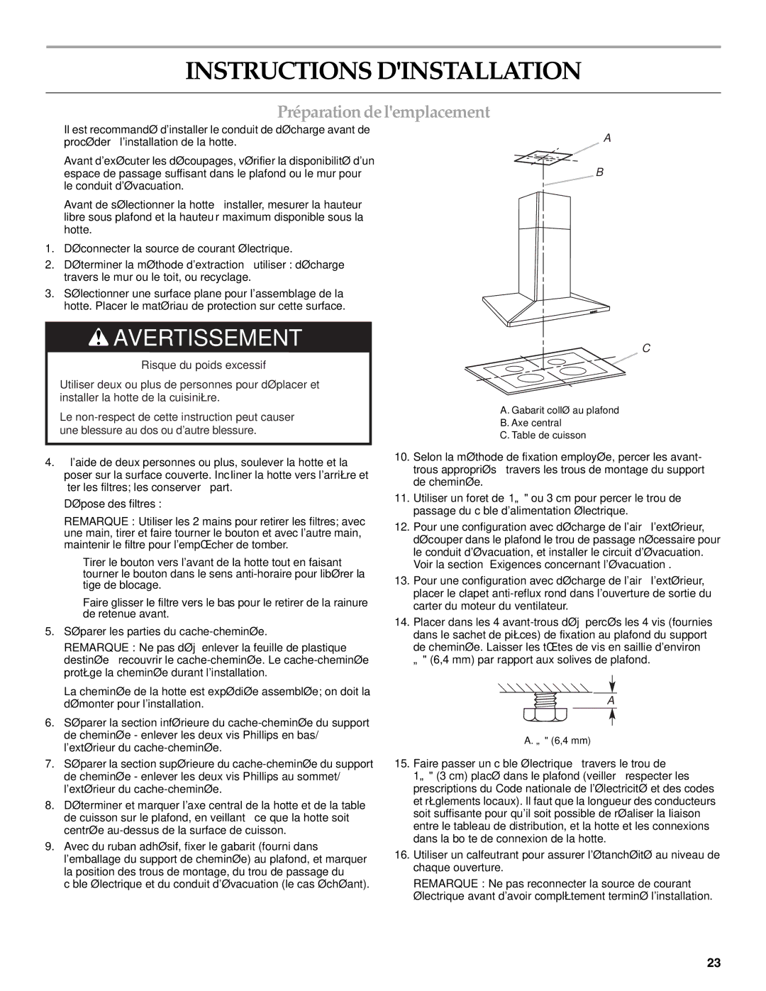 KitchenAid 36"(91.4CM) ISLAND RANGE HOOD Instructions Dinstallation, Préparationdelemplacement, Dépose des filtres 