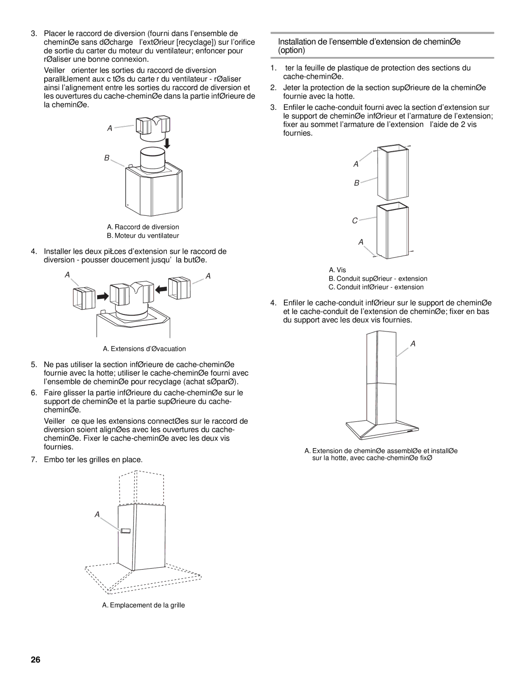 KitchenAid 36"(91.4CM) ISLAND RANGE HOOD Installation de lensemble dextension de cheminée option, Extensions dévacuation 