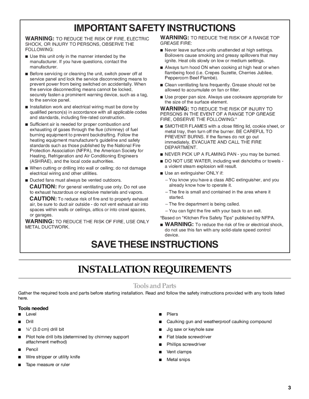 KitchenAid 36(91.4CM) ISLAND RANGE HOOD installation instructions Installation Requirements, Tools and Parts, Tools needed 