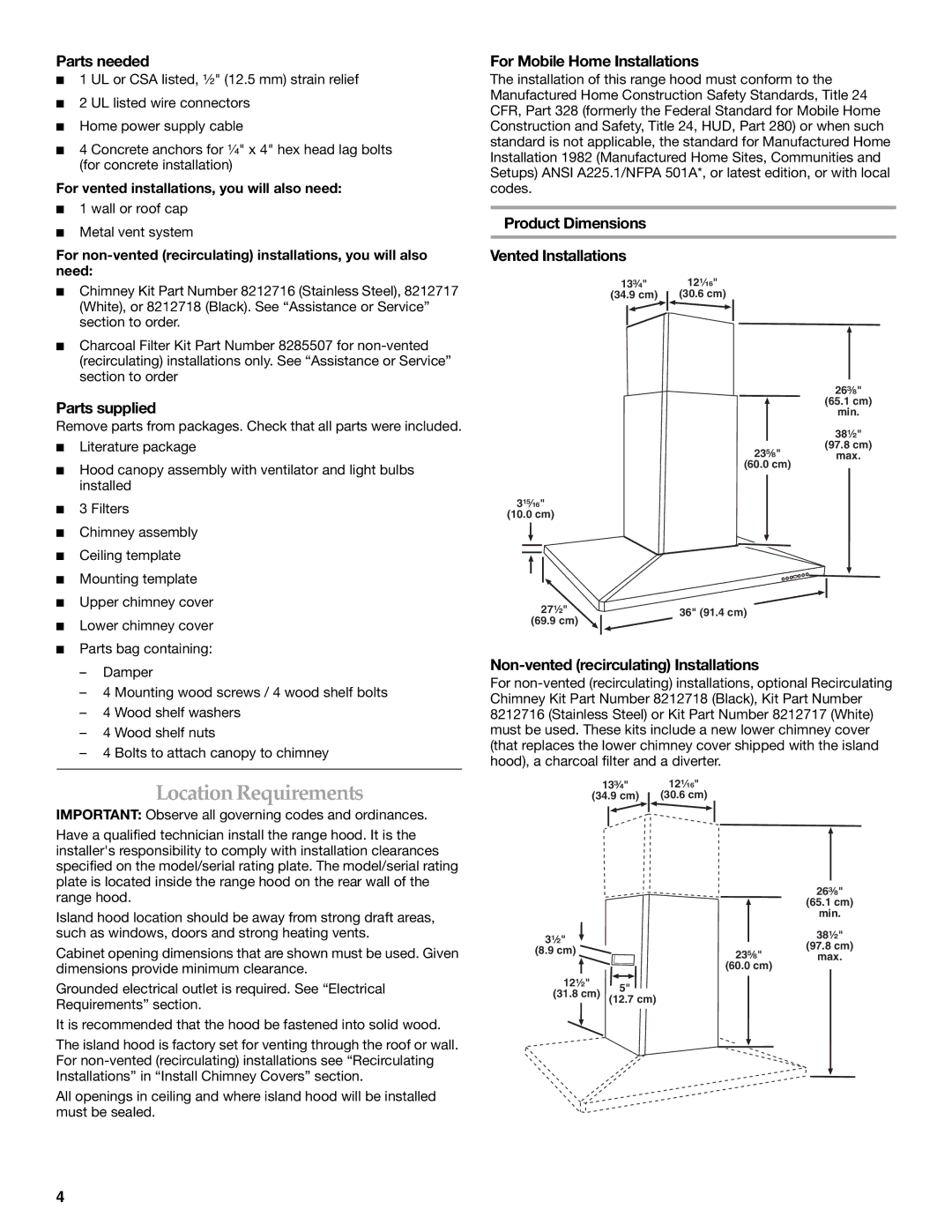 KitchenAid 36(91.4CM) ISLAND RANGE HOOD installation instructions Location Requirements 