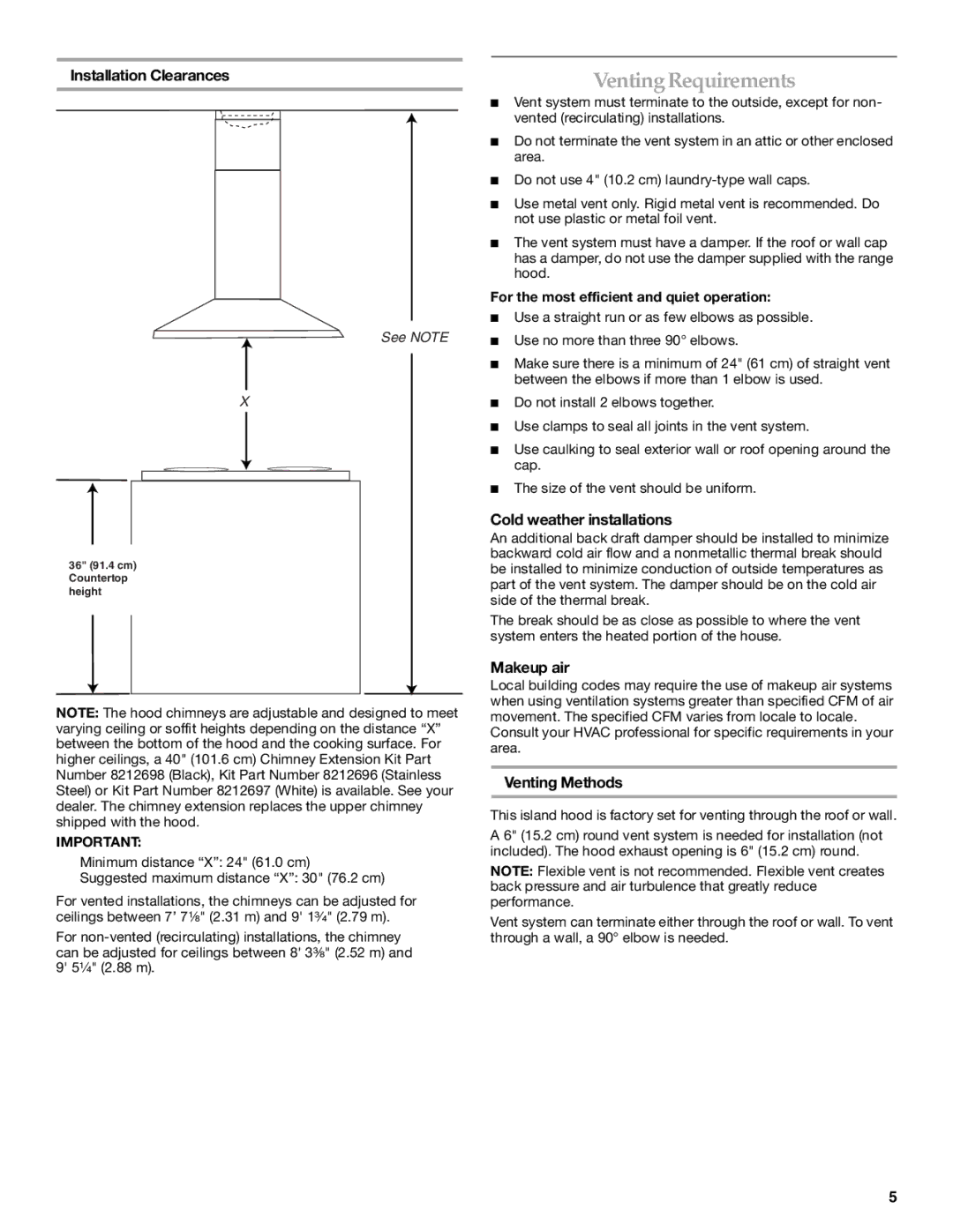 KitchenAid 36(91.4CM) ISLAND RANGE HOOD VentingRequirements, Installation Clearances, Cold weather installations 