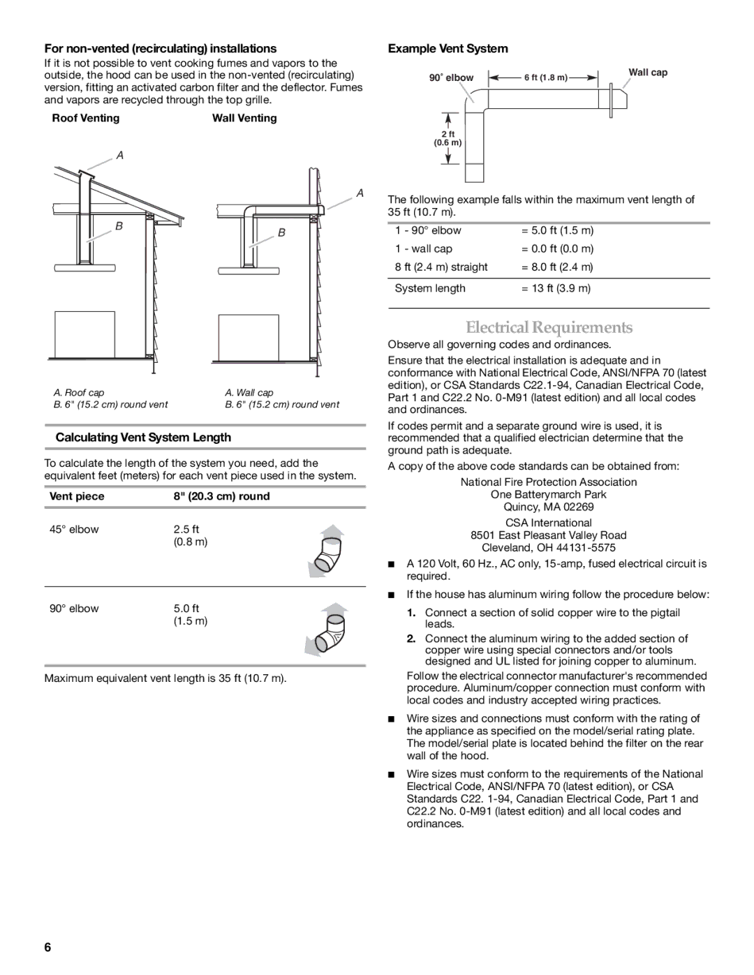 KitchenAid 36(91.4CM) ISLAND RANGE HOOD Electrical Requirements, For non-vented recirculating installations 