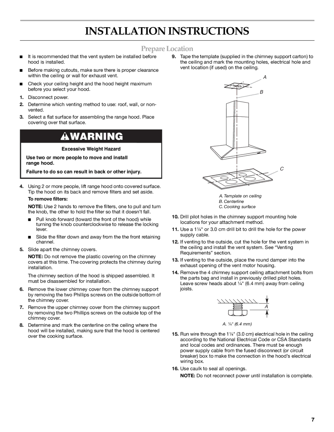 KitchenAid 36(91.4CM) ISLAND RANGE HOOD Installation Instructions, PrepareLocation, To remove filters 