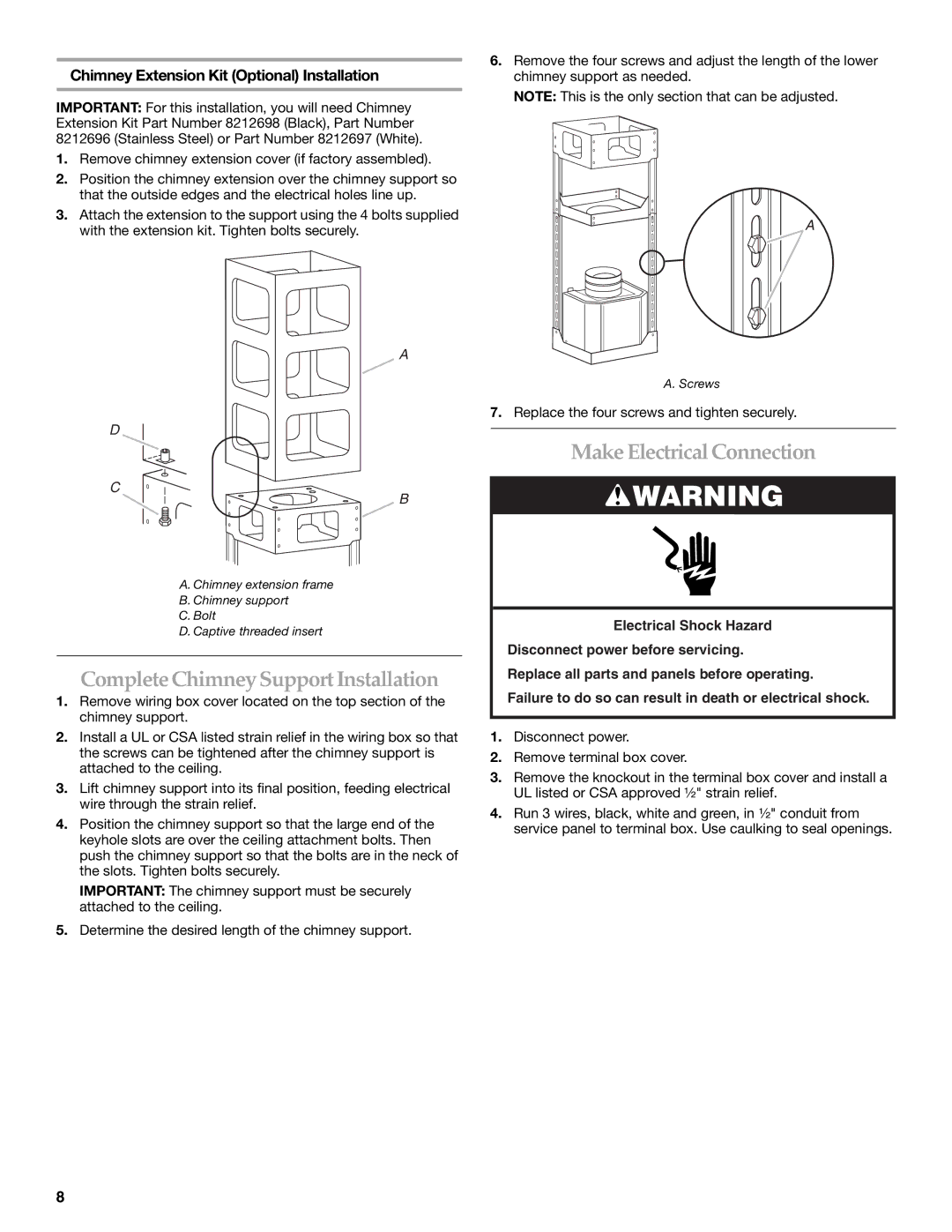 KitchenAid 36(91.4CM) ISLAND RANGE HOOD Complete Chimney Support Installation, Make Electrical Connection 