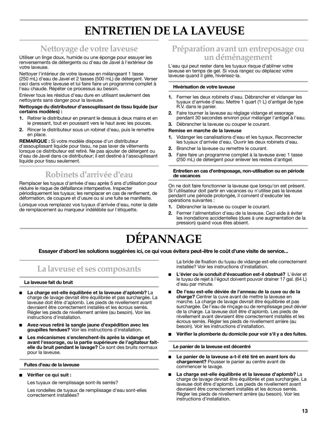 KitchenAid 3955871 manual Entretien DE LA Laveuse, Dépannage 