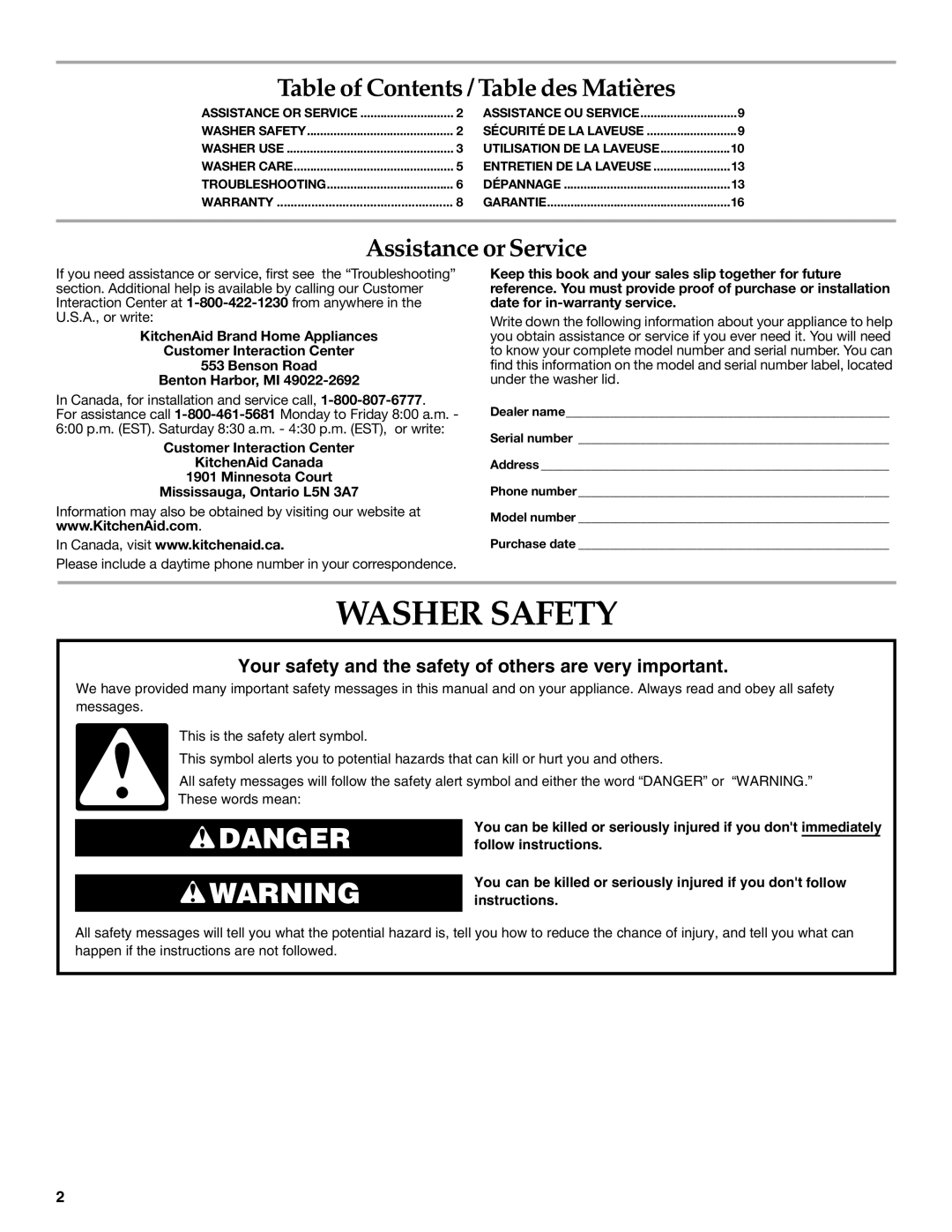 KitchenAid 3955871 manual Washer Safety, Table of Contents / Table des Matières 