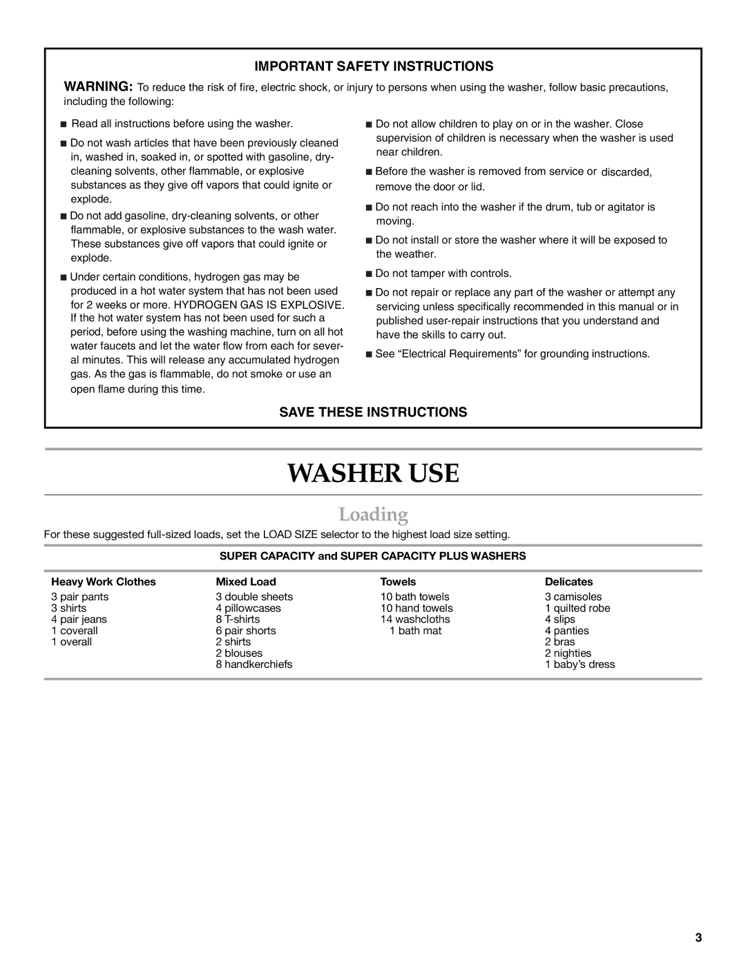 KitchenAid 3955871 manual Washer USE, Loading 