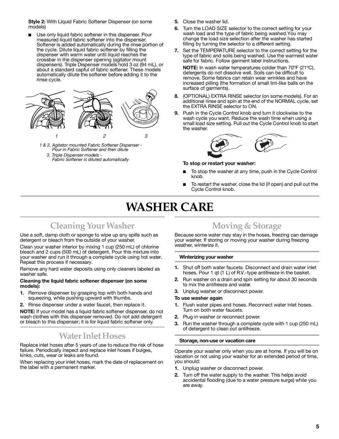 KitchenAid 3955871 manual Washer Care, Cleaning Your Washer, Water Inlet Hoses, Moving & Storage 